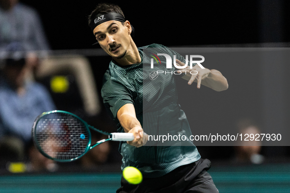 Lorenzo Sonego (ITA) plays against Daniil Medvedev in the men's singles match on day four of the Paris ATP Masters 1000 tennis tournament at... by Ibrahim Ezzat/NurPhoto