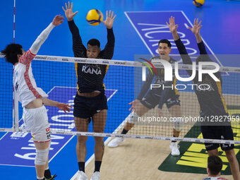 Darlan Ferreira Souza of Rana Verona blocks during the volleyball match between Rana Verona and Allianz Power Volley Milano in the MD3 of th... by Roberto Tommasini/NurPhoto