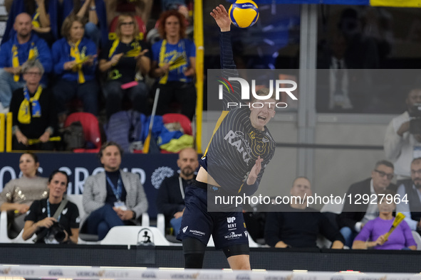 Rok Mozic of Rana Verona serves during the volleyball match between Rana Verona and Allianz Power Volley Milano, MD3 of the Superlega Men Vo... by Roberto Tommasini/NurPhoto