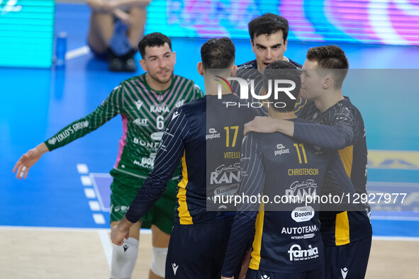 Rana Verona Team celebrates after scoring a point during the volleyball match between Rana Verona and Allianz Power Volley Milano, MD3 of th... by Roberto Tommasini/NurPhoto