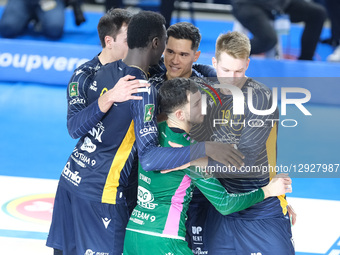 Rana Verona Team celebrates after scoring a point during the volleyball match between Rana Verona and Allianz Power Volley Milano, MD3 of th... by Roberto Tommasini/NurPhoto