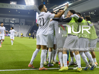 Al Sadd DC players celebrate after scoring a goal during the Doha Bank Stars League Qatar match between Al Sadd SC and Al Rayyan SC at Jassi... by Noushad Thekkayil/NurPhoto