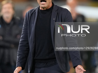Coach Antonio Conte of Napoli reacts during the Serie A match between US Lecce and SSC Napoli in Lecce, Italy, on October 28, 2025.  by Gabriele Maricchiolo/NurPhoto