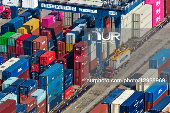 The containers park in Longtan Port Area of Nanjing Port in Nanjing City, Jiangsu Province, China, on October 31, 2025.  by Costfoto/NurPhoto