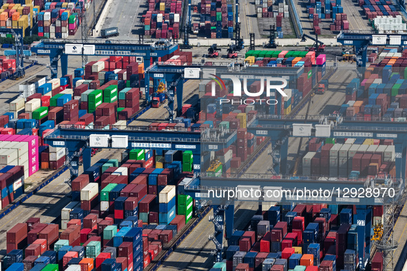 The containers park in Longtan Port Area of Nanjing Port in Nanjing City, Jiangsu Province, China, on October 31, 2025.  by Costfoto/NurPhoto