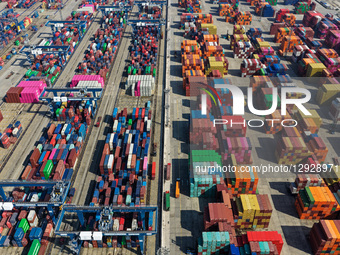 The containers park in Longtan Port Area of Nanjing Port in Nanjing City, Jiangsu Province, China, on October 31, 2025.  by Costfoto/NurPhoto