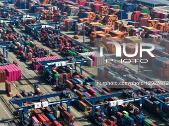 The containers park in Longtan Port Area of Nanjing Port in Nanjing City, Jiangsu Province, China, on October 31, 2025.  by Costfoto/NurPhoto