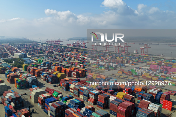 The containers park in Longtan Port Area of Nanjing Port in Nanjing City, Jiangsu Province, China, on October 31, 2025.  by Costfoto/NurPhoto