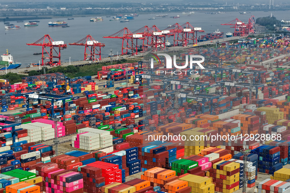 The containers park in Longtan Port Area of Nanjing Port in Nanjing City, Jiangsu Province, China, on October 31, 2025.  by Costfoto/NurPhoto