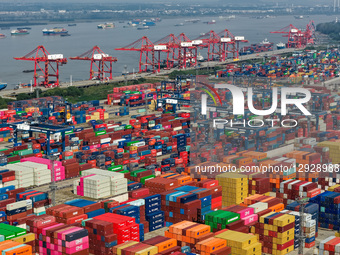 The containers park in Longtan Port Area of Nanjing Port in Nanjing City, Jiangsu Province, China, on October 31, 2025.  by Costfoto/NurPhoto