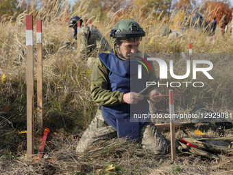 A man undergoes humanitarian demining training for war veterans in Kyiv, Ukraine, on October 30, 2025. Ukrainian war veterans who sustain in... by Yuliia Ovsiannikova/Ukrinform/NurPhoto