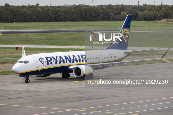 Boeing 737 MAX 8 passenger aircraft of the low cost airline carrier Ryanair is taxiing after landing in Eindhoven Airport EIN. The Boeing 73... by Nicolas Economou/NurPhoto