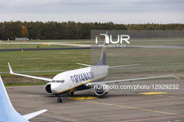 Boeing 737 MAX 8 passenger aircraft of the low cost airline carrier Ryanair is taxiing after landing in Eindhoven Airport EIN. The Boeing 73... by Nicolas Economou/NurPhoto