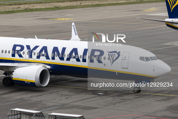 Boeing 737 MAX 8 passenger aircraft of the low cost airline carrier Ryanair is taxiing after landing in Eindhoven Airport EIN. The Boeing 73... by Nicolas Economou/NurPhoto