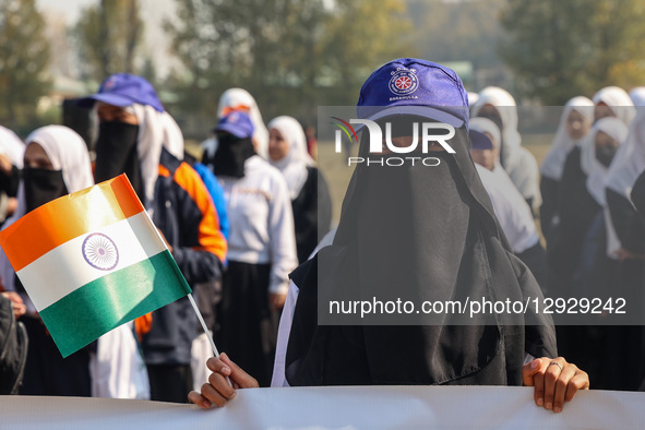 Kashmiri students hold Indian National Flags as thousands take part in the event, which sees participation from students, youth, and officia... by Nasir Kachroo/NurPhoto