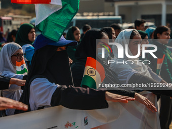 Kashmiri students hold Indian National Flags as thousands take part in the event, which sees participation from students, youth, and officia... by Nasir Kachroo/NurPhoto