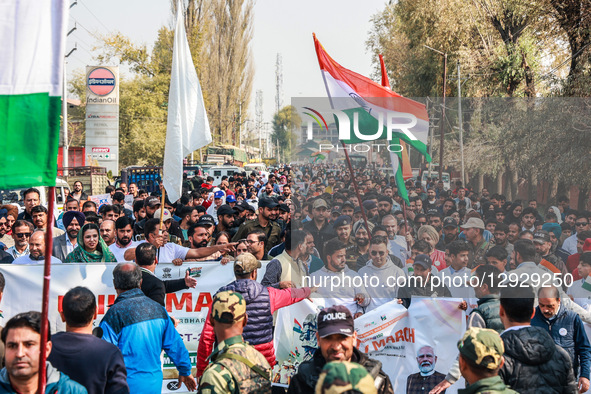 Kashmiri students hold Indian National Flags as thousands take part in the event, which sees participation from students, youth, and officia... by Nasir Kachroo/NurPhoto