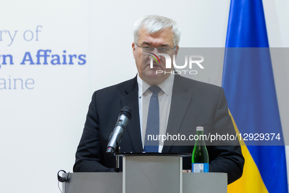 Ukrainian Foreign Minister Andrii Sybiha speaks at a joint press conference with his Slovenian counterpart Tanja Fajon, who arrives in Kyiv... by Kyrylo Chubotin/Ukrinform/NurPhoto