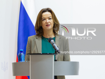 Deputy Prime Minister and Minister of Foreign and European Affairs of the Republic of Slovenia Tanja Fajon speaks at a joint press conferenc... by Kyrylo Chubotin/Ukrinform/NurPhoto