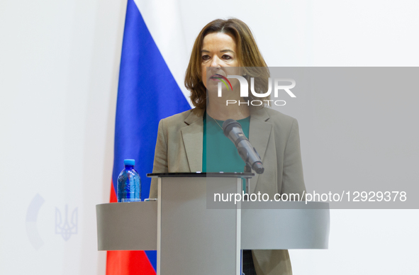 Deputy Prime Minister and Minister of Foreign and European Affairs of the Republic of Slovenia Tanja Fajon speaks at a joint press conferenc... by Kyrylo Chubotin/Ukrinform/NurPhoto