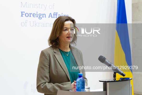 Deputy Prime Minister and Minister of Foreign and European Affairs of the Republic of Slovenia Tanja Fajon speaks at a joint press conferenc... by Kyrylo Chubotin/Ukrinform/NurPhoto