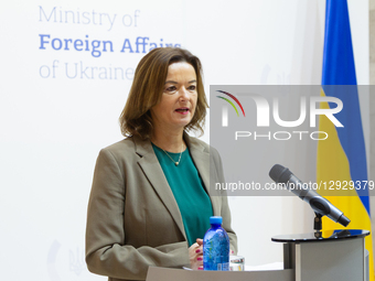 Deputy Prime Minister and Minister of Foreign and European Affairs of the Republic of Slovenia Tanja Fajon speaks at a joint press conferenc... by Kyrylo Chubotin/Ukrinform/NurPhoto