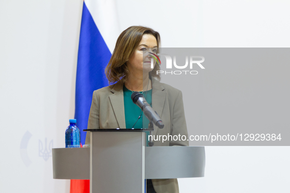 Deputy Prime Minister and Minister of Foreign and European Affairs of the Republic of Slovenia Tanja Fajon speaks at a joint press conferenc... by Kyrylo Chubotin/Ukrinform/NurPhoto