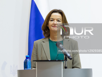 Deputy Prime Minister and Minister of Foreign and European Affairs of the Republic of Slovenia Tanja Fajon speaks at a joint press conferenc... by Kyrylo Chubotin/Ukrinform/NurPhoto