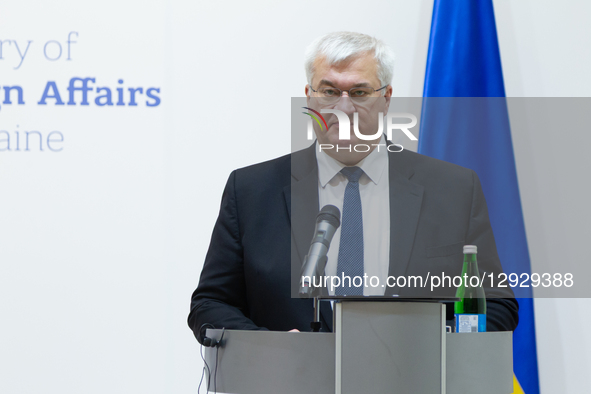 Ukrainian Foreign Minister Andrii Sybiha speaks at a joint press conference with his Slovenian counterpart Tanja Fajon, who arrives in Kyiv... by Kyrylo Chubotin/Ukrinform/NurPhoto