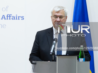 Ukrainian Foreign Minister Andrii Sybiha speaks at a joint press conference with his Slovenian counterpart Tanja Fajon, who arrives in Kyiv... by Kyrylo Chubotin/Ukrinform/NurPhoto