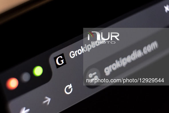 The Grokipedia website appears on a laptop computer screen in this photo illustration in Athens, Greece, on October 31, 2025.  by Nikolas Kokovlis/NurPhoto