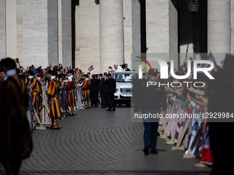 Pope Leo XIV arrives in the Pope Mobile to meet students participating in the Jubilee of the World of Education during an audience at St. Pe... by Massimo Valicchia/NurPhoto