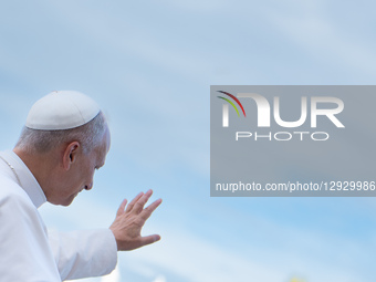 Pope Leo XIV gestures as he arrives to meet students participating in the Jubilee of the World of Education during an audience at St. Peter'... by Massimo Valicchia/NurPhoto