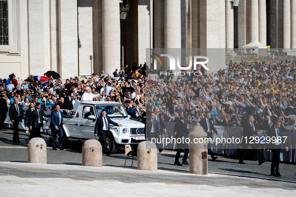 Pope Leo XIV arrives in the Pope Mobile, surrounded by security men, as he meets students participating in the Jubilee of the World of Educa... by Massimo Valicchia/NurPhoto
