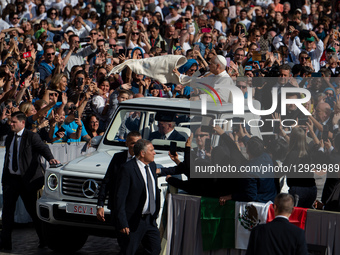 Pope Leo XIV arrives in the Pope Mobile to meet students participating in the Jubilee of the World of Education during an audience at St. Pe... by Massimo Valicchia/NurPhoto