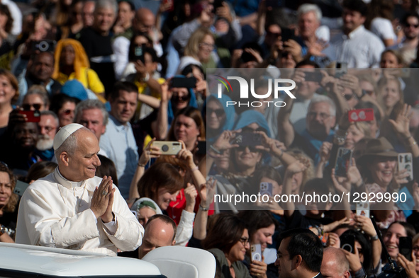 Pope Leo XIV meets students participating in the Jubilee of the World of Education during an audience at St. Peter's Square in Vatican City,... by Massimo Valicchia/NurPhoto