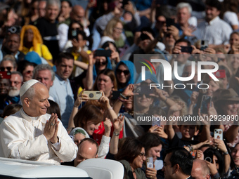 Pope Leo XIV meets students participating in the Jubilee of the World of Education during an audience at St. Peter's Square in Vatican City,... by Massimo Valicchia/NurPhoto