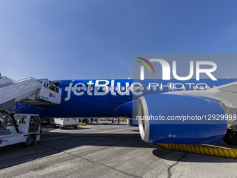 JetBlue Airbus A220-300 passenger aircraft at the Paris Air Show 2025 in Le Bourget airport. The narrow body A220 of Jet Blue airline carrie... by Nicolas Economou/NurPhoto