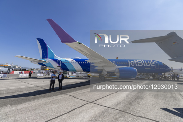JetBlue Airbus A220-300 passenger aircraft at the Paris Air Show 2025 in Le Bourget airport. The narrow body A220 of Jet Blue airline carrie... by Nicolas Economou/NurPhoto