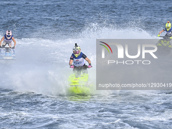 Benedicte Drange (C) of Norway competes during the Ski Ladies GP1 Moto 2 ahead of the UIM-ABP Aquabike Class Pro Grand Prix Of Qatar at Mina... by Noushad Thekkayil/NurPhoto