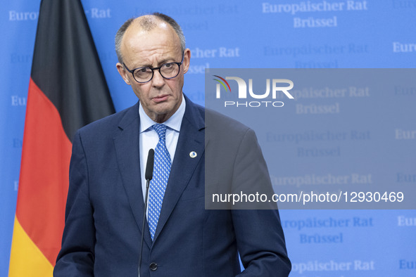 Federal Chancellor of Germany Friedrich Merz holds a press conference after the end o European Council Summit, the EU leaders meeting at the... by Nicolas Economou/NurPhoto