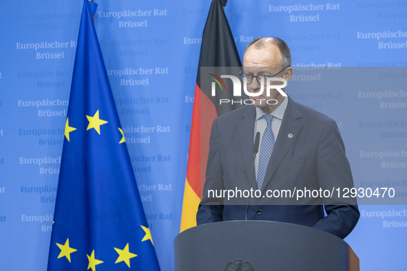 Federal Chancellor of Germany Friedrich Merz holds a press conference after the end o European Council Summit, the EU leaders meeting at the... by Nicolas Economou/NurPhoto