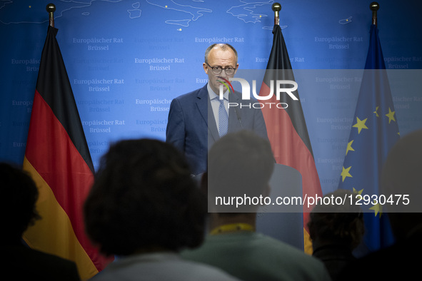 Federal Chancellor of Germany Friedrich Merz holds a press conference after the end o European Council Summit, the EU leaders meeting at the... by Nicolas Economou/NurPhoto