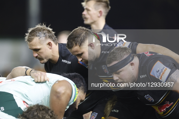 Luan de Bruin of Newcastle Red Bulls (left), Ollie Fletcher (middle), and Murray McCallum (right) pack down as the front row during the Prem... by MI News/NurPhoto