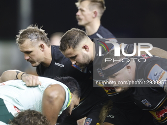 Luan de Bruin of Newcastle Red Bulls (left), Ollie Fletcher (middle), and Murray McCallum (right) pack down as the front row during the Prem... by MI News/NurPhoto