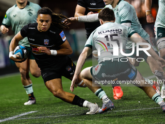 Nathan Greenwood of Newcastle Red Bulls takes on Charlie Titcombe of Leicester Tigers during the Premiership Cup match between Newcastle Red... by MI News/NurPhoto