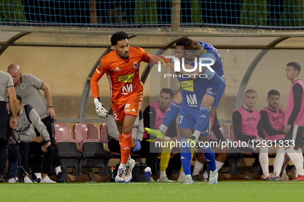 Sulahmana Mamadu Bah of Sliema Wanderers is congratulated by teammates after scoring the second goal during the YoHealth Malta Premier Leagu...