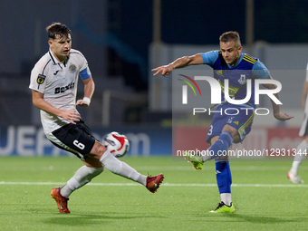 Thiago Espindola of Sliema Wanderers plays against Lucas Caruana of Hibernians during the YoHealth Malta Premier League soccer match between... by Domenic Aquilina/NurPhoto