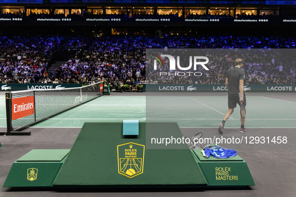 Alexander Zverev (GER) plays against Daniil Medvedev in the men's singles match on day five of the Paris ATP Masters 1000 tennis tournament... by Ibrahim Ezzat/NurPhoto