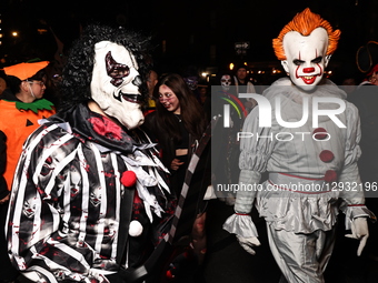 Scary killer clowns pose for a photo during the 52nd annual Village Halloween Parade in New York City, United States, on October 31, 2025.  by Gordon Donovan/NurPhoto